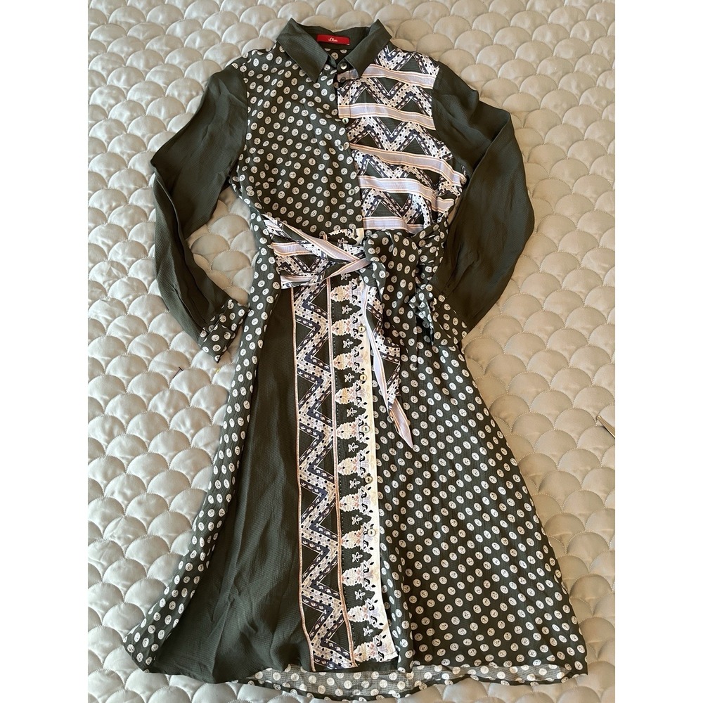 S.Oliver Blue Green And White Belted Women's Shirt Dress, Size 4 Midi Boho - Picture 3 of 9